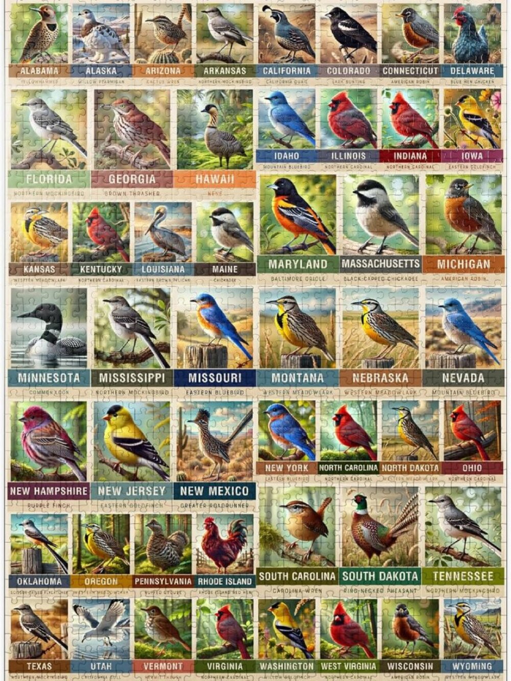Premium 1000 Piece Jigsaw Puzzle - 50 State Birds Collage for Adults, Fun